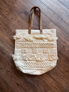 Sonoma Cream Woven Fringe Tote with Brown Straps